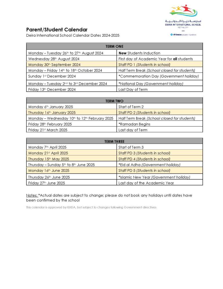 Parents Students DIS Academic Calendar 24-25